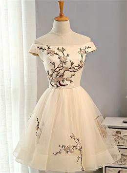 Picture of Cute Champagne Off Shoulder Knee Length Prom Dresses , Lovely Formal Dresses